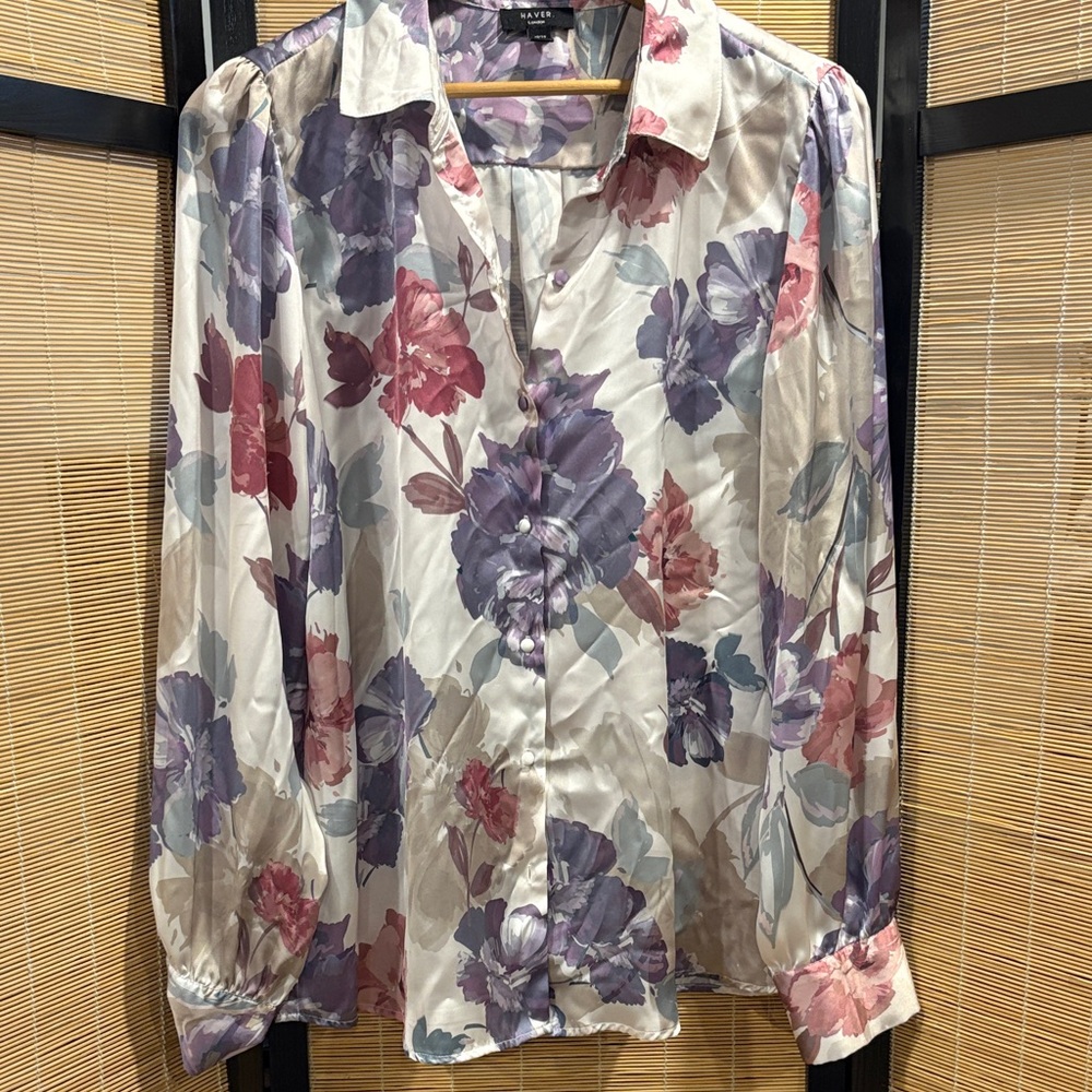 Have Floral Satin Button-Down Shirt in Cream, Purple, Pink